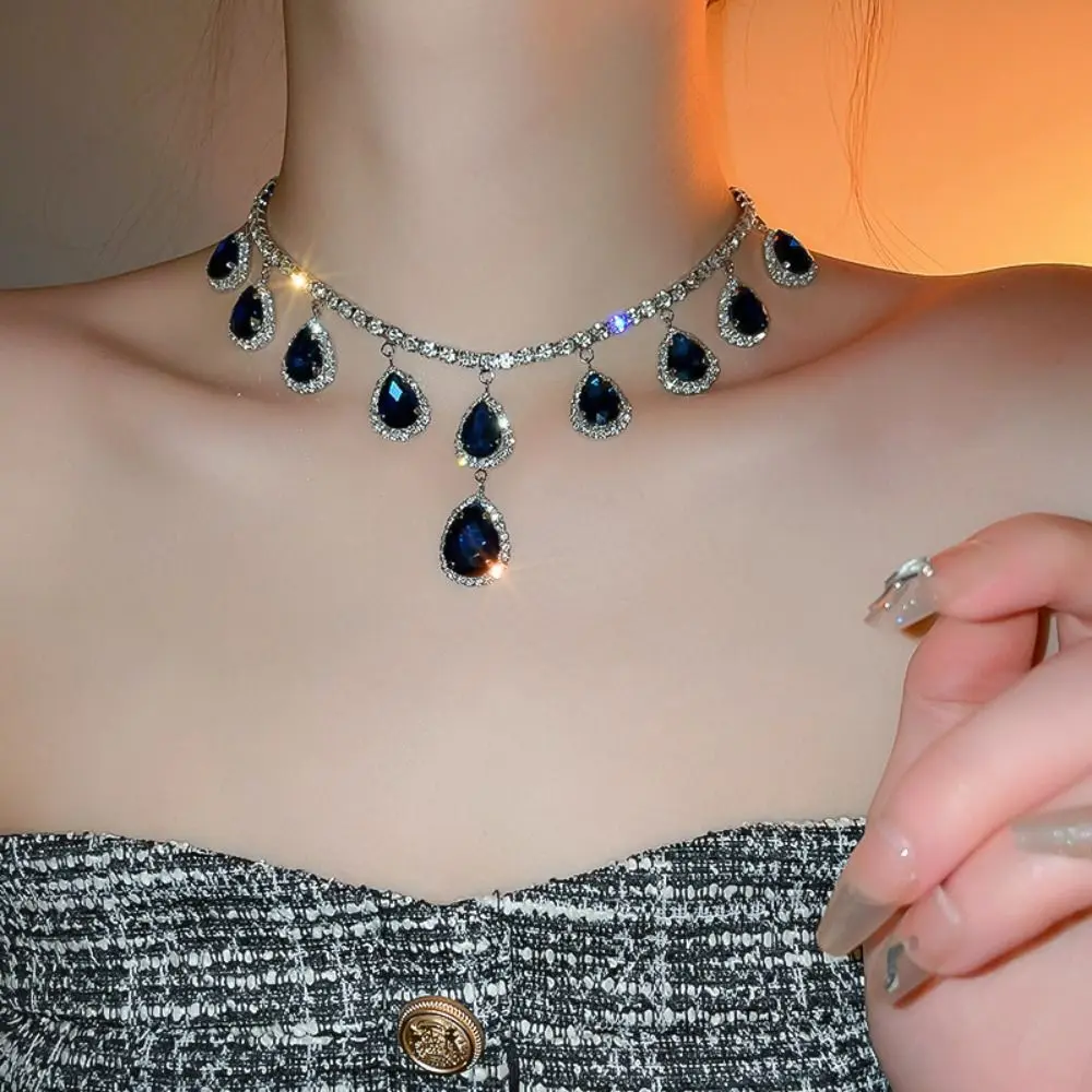 French Water Drop Blue Earrings Necklace Set Niche Design Classic Clavicle Chain Light Luxury Jewelry image 5