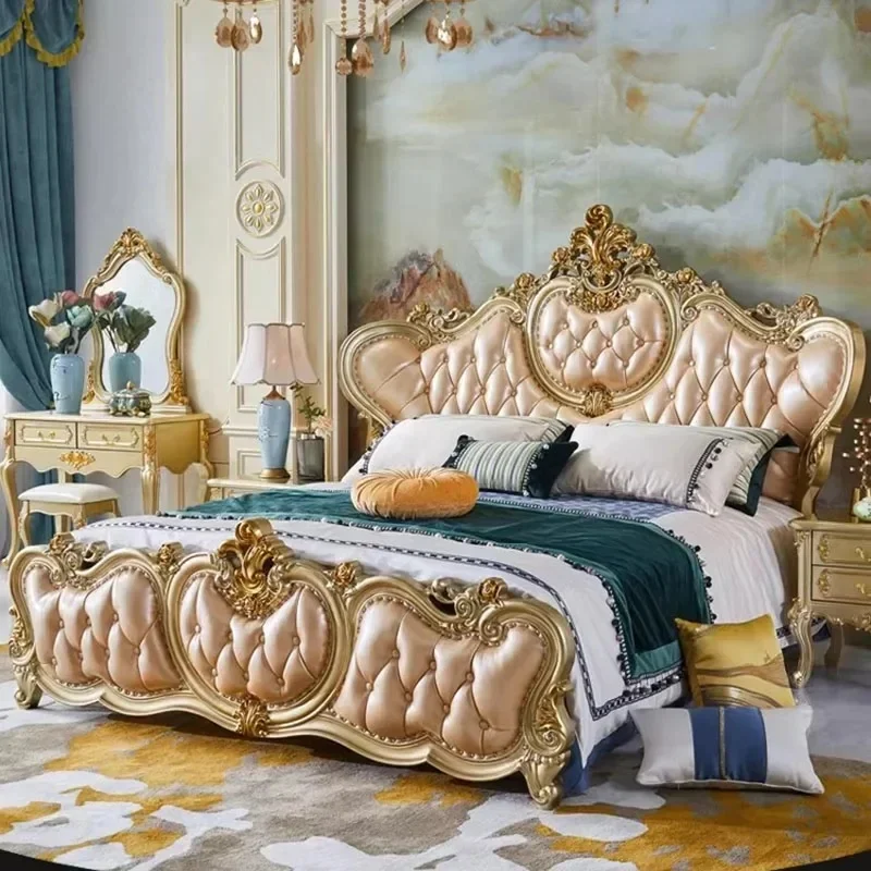 إطار سرير مزدوج مرتفع مقاس كوين تصميم مريح ذهبي فاخر لأثاث غرفة المعيشة