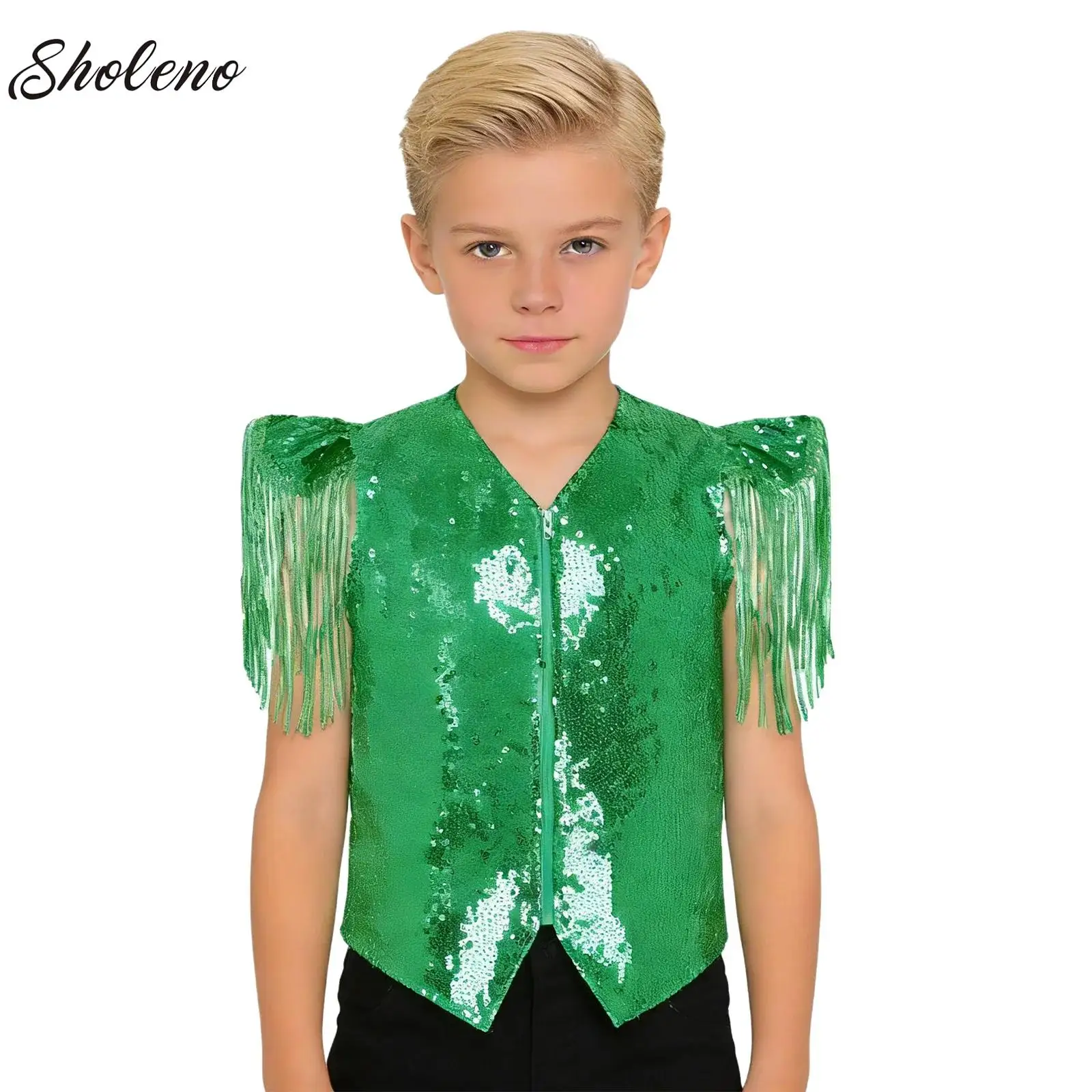 

Kids Boys Girls Latin Jazz Hip Hop Dance Vest Waistcoat Sequins Tassels Disco Carnival Party Fancy Dress Up Choir Performance