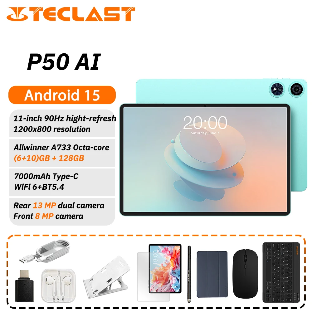 Teclast P50 Ai Tablet Allwinner A733 Octa-Core 11inch 90Hz Screen 6G+10G RAM 128GB ROM Android15 WiFi6 BT5.4 7000mAh Type-C