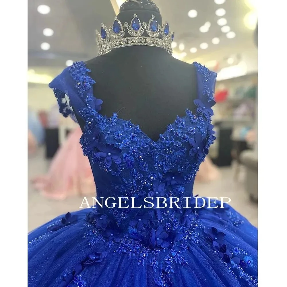 Angelsbridep vestido De quinceañera azul real, brillante, flores 3D, cuentas, Apliques De encaje, vestido De fiesta De cumpleaños De 15 años