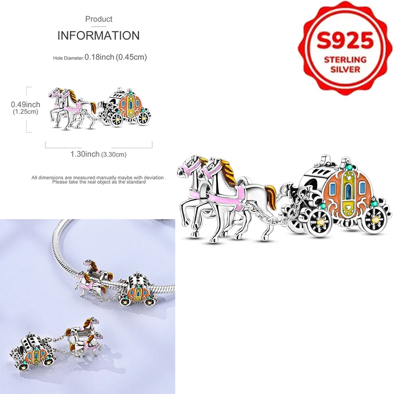

Plata De Ley 925 Silver White Horse, Pumpkin Carriage Charms Beads Womens Original Bracelets DIY Jewelry Pendant Fine Gifts