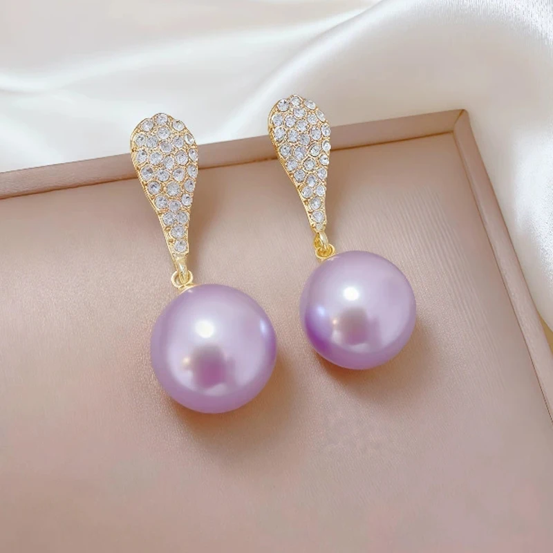 Elegant Purple Imitation Pearl Dangle Earrings for Women Fashion Rhinestones Water Droplet Drop Earrings Geometry Jewelry Gift