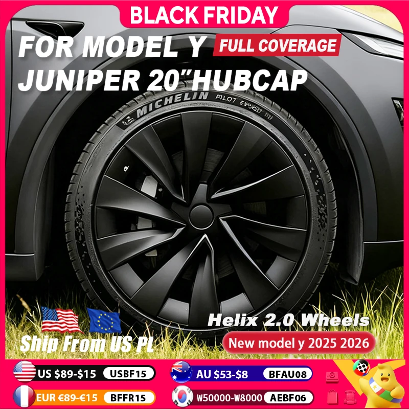 4PCS Wheel Cover 20 Inch for Tesla Model Y Juniper 2025 2026 Performance Replacement Hubcaps MY Helix 2.0 Full Rim Matte black