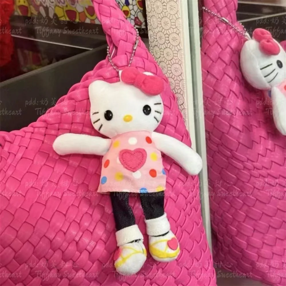 Sanrio Cartoon Long Legged Hello Kitty Keychain Polka Dot Denim Pants Hanging Figurine Backpack Accessory Small Doll Cute Gift