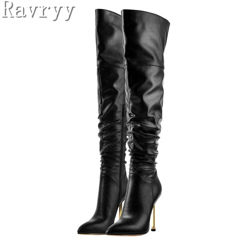 

Brand New Pointed Toe Metal Heel Over The Knee Boos Women Sex Thin High Heel Winter Long Boots Runway Show Black Stiletto Shoes