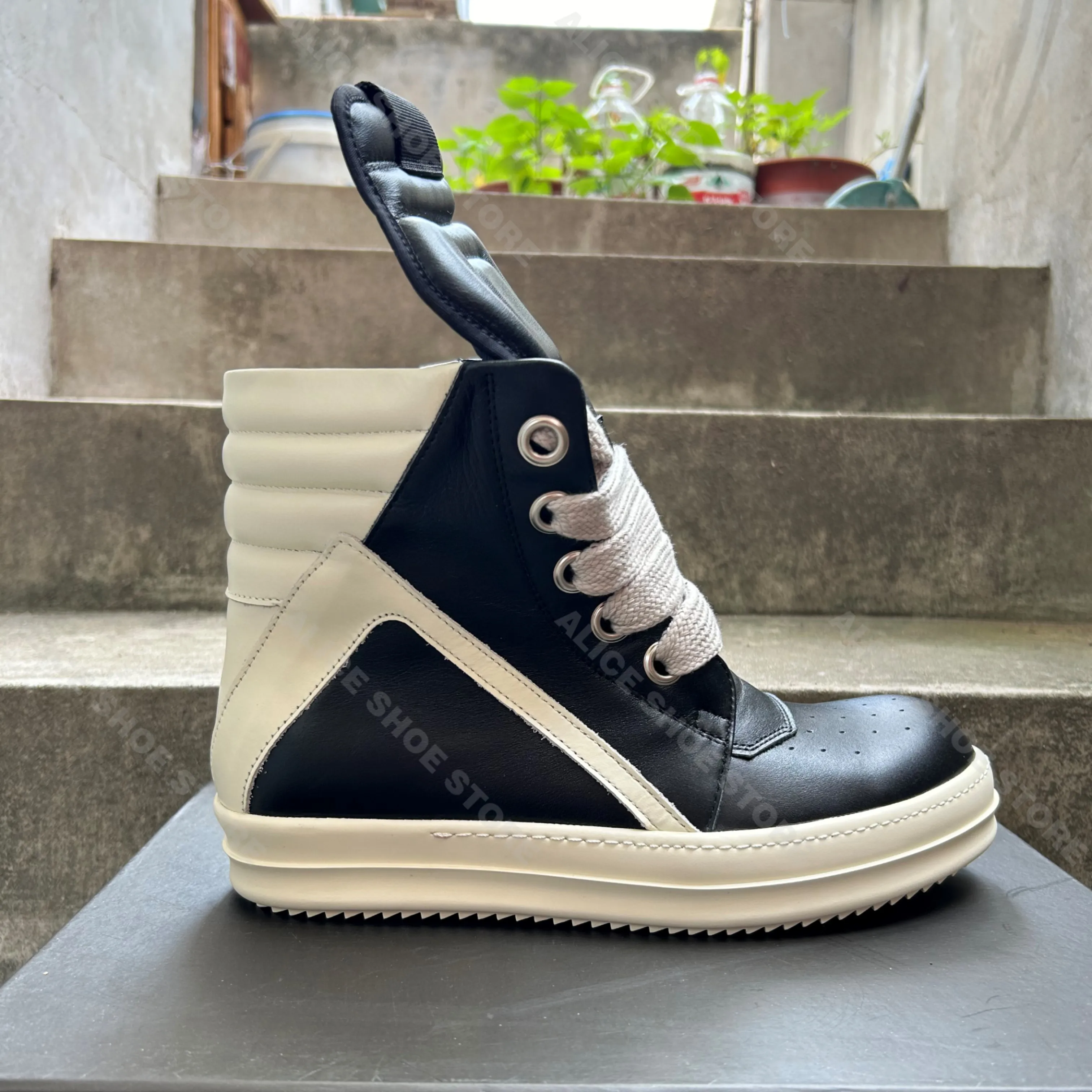 

Classic Casual Men Shoe High Top Women Sneaker Jumbo Laces Ankle Boot Geobasket Black Cow Leather Trainer Zip Flat Luxury Shoe