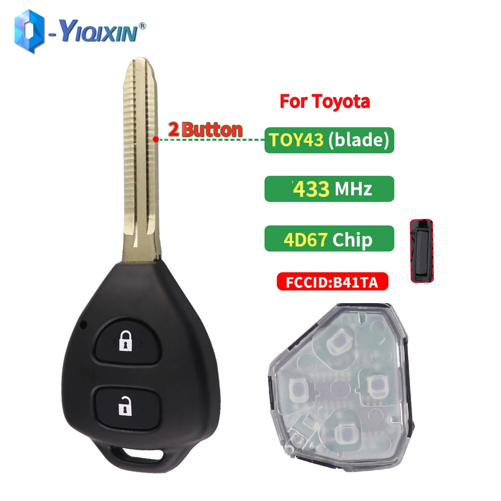 

YIQIXIN 4D67 Chip 433MHz 2 Buttons Smart Car Remote Key For Toyota Yaris Hiace Hilux Vigo Innova TOY43 Blade Replacement B41TA