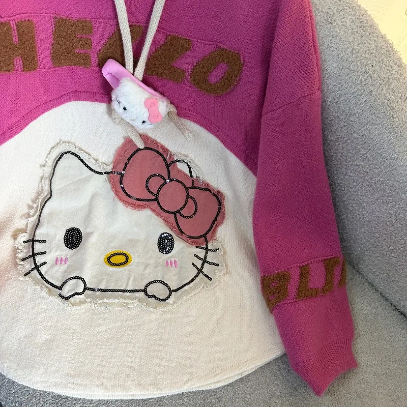2025 Autumn New Sweet Age-Reducing Cartoon Color Block Hooded Knitted Sweater Women's Loose Casual Style Pullover Top Sweatshirt
