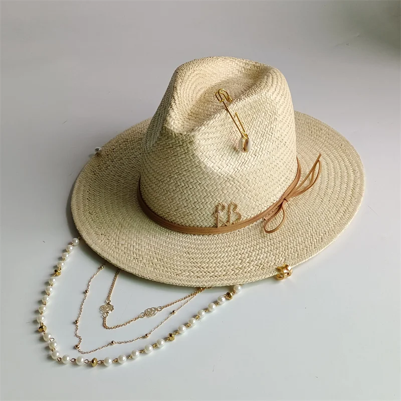 Women's Cap Sisal Straw Hat DIY Personalized Handmade Hat featuring Pearl Chain Flat Top Sun Hat New Style Lettering Design
