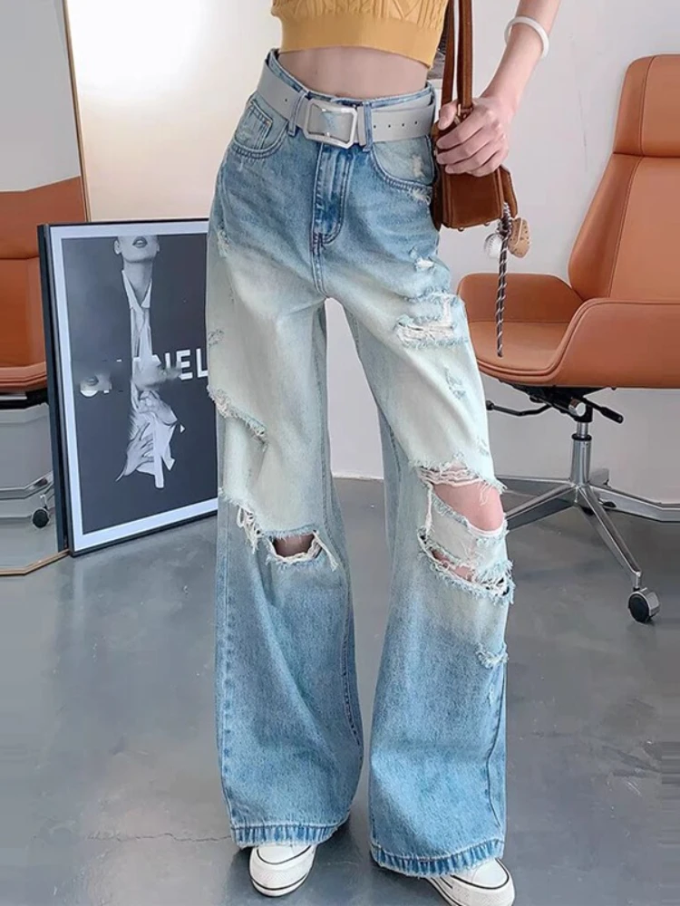 

American style retro distressed ripped jeans for women 2025 new summer thin straight leg loose wide leg floor pants