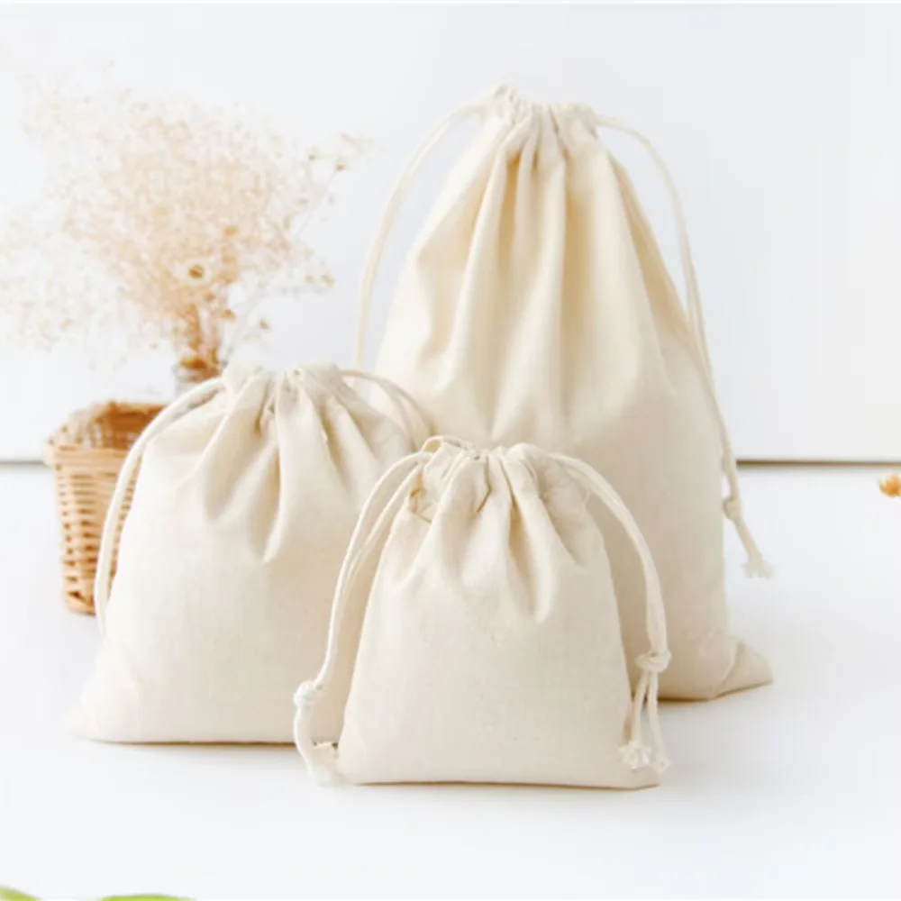 Cotton Drawstring Storage Bag Customizable White Canvas Bag for Candy Gift Package Pouch Sundries Organize Dustproof Sacks