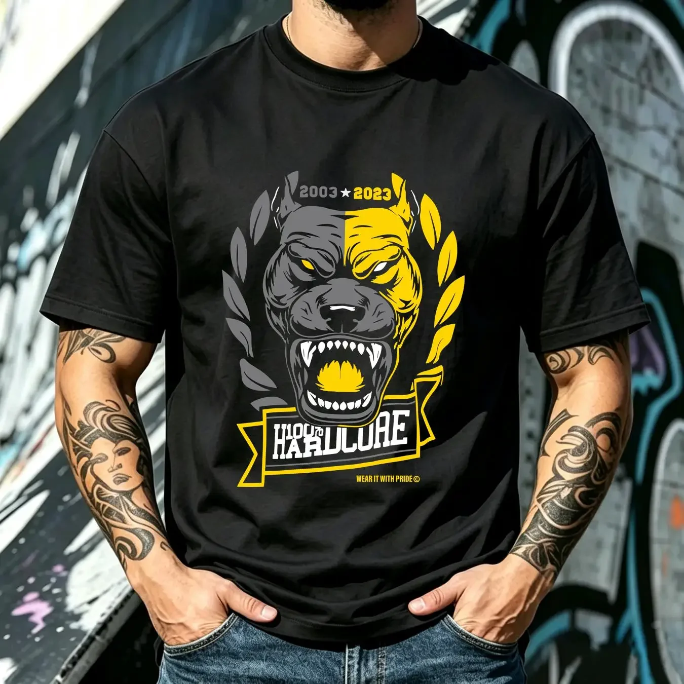 washed T Shirt 100 HARDCORE Men's Pride Dog Black 305424050 Gabber vintage Washed Casual graphic Soft Breathable