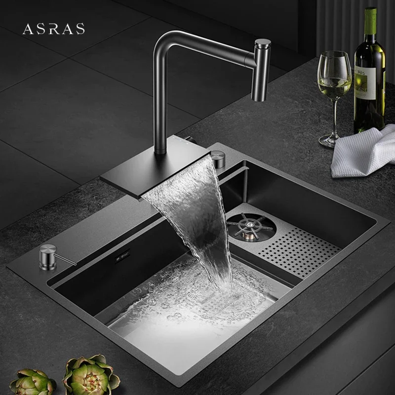 ASRAS New Waterfall Faucet Hot And Cold Water Kitchen Faucet Single Handle Switch Pull Out 360 Degree Kitchen Mixer Tap