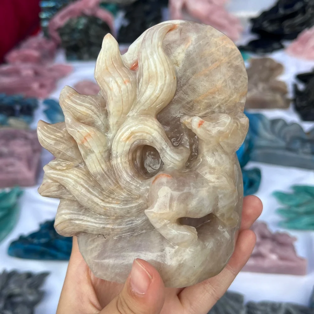1PCS Natural Moonstone Quartz Nine-Tailed Fox Carving Crystal Fengshui Love Healing Stone Home Decor Gift