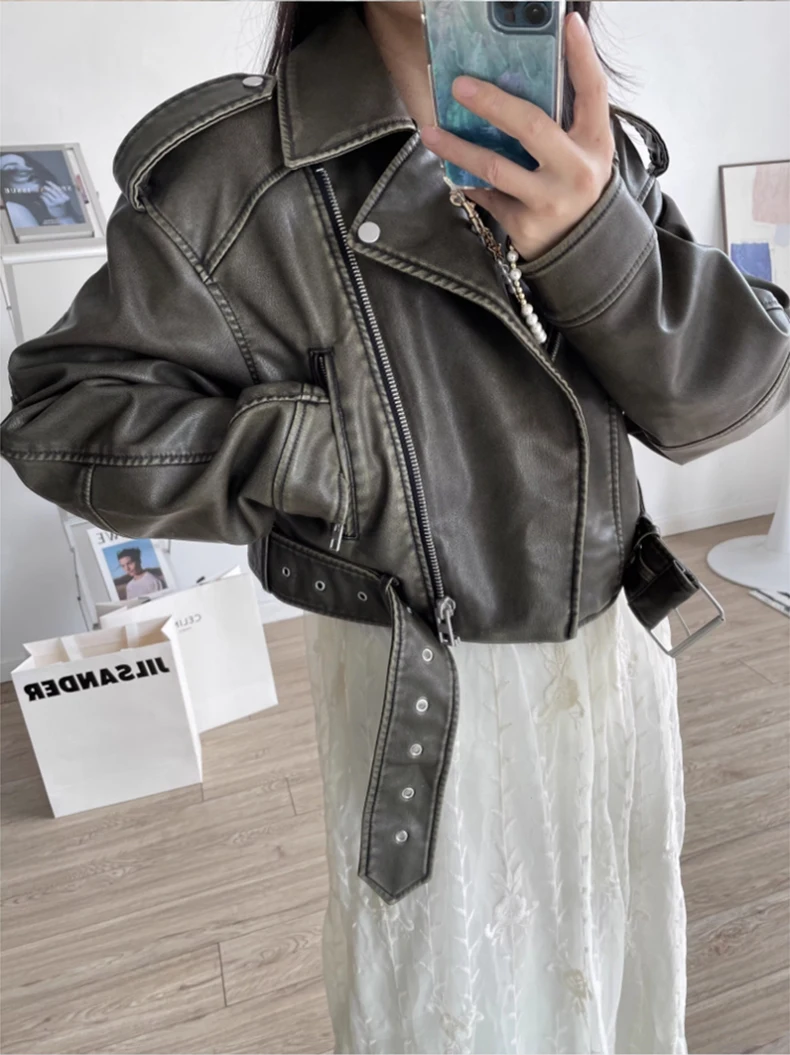 Spring Autumn Cool Short Loose Pu Leather Biker Jacket Women Zipper Blet Retro Female European Fashion Streetwear  2024