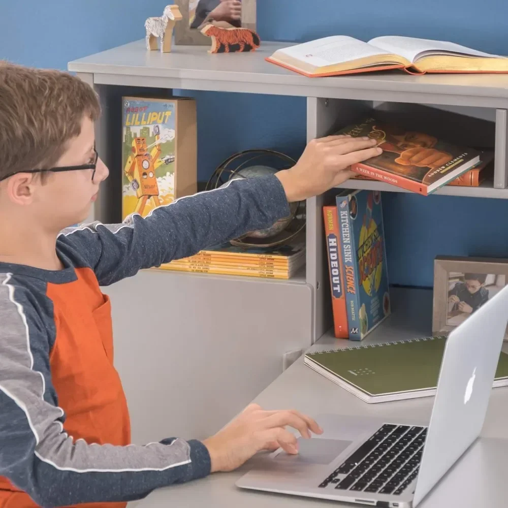 Escritorio infantil con escritorio y silla (gris) - Organizador de almacenamiento de cubos de madera para escuelas en casa, escritorio de aprendizaje para niños