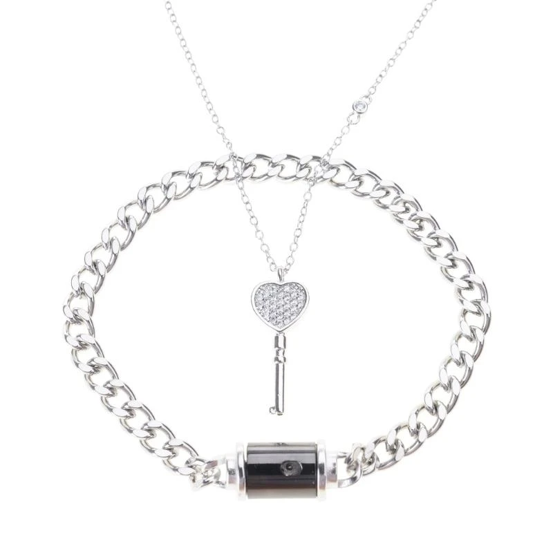 2pcs His and Hers Matching Couple Bracelet Necklace Set Stainless Steel Heart Key Pendant Necklace Lock Charm Bracelet E0BF