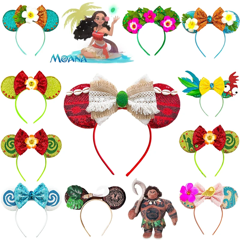 Disney Moana Ears Headbands For Women Hook Bow Maui Hairband Girls Spiral Conch Hair Accessories Kids Frangipani Flower Headwear