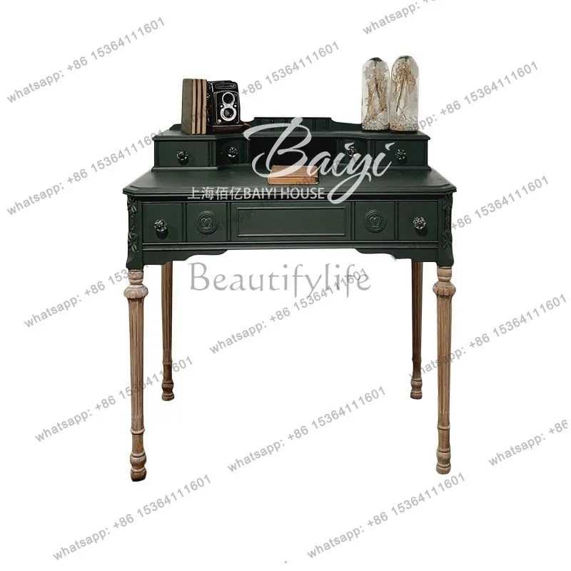 

French retro desk bookshelf combination solid wood carving flower computer table American luxury home