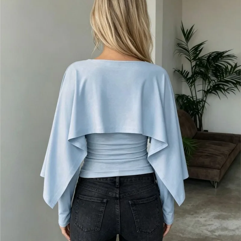Fashion New Ruched Long Sleeve Top With Cape Sleeve Overlay Y2K Blouses Women's Light Blue High Street Asymmetric Crop Top