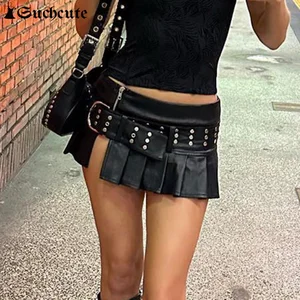 Suchcute gothic rivet belt punk leather mini skirt female skirt low zipper streetwear emo summer slit skirt dark gym dark gym 11 Main Sales Skirt Women's Leather - №10