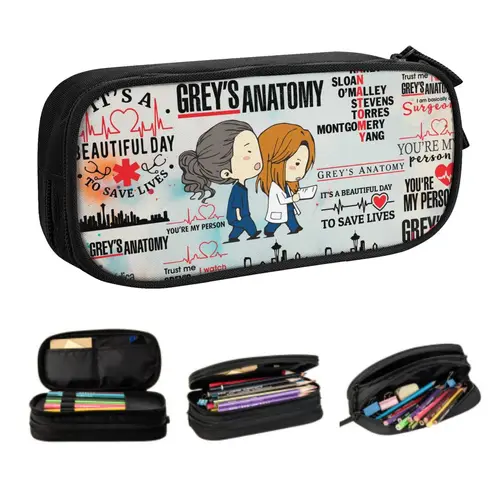Imagen 1 del producto Estuche de lápices coreano con Collage de citas de anatomía de grises de dibujos animados personalizados, estuche de lápices de almacenamiento grande para niños y niñas, papelería para estudiantes
