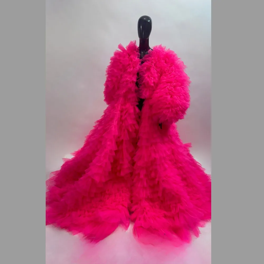 Eye Catching Fuchsia Puffy Layered Long Tulle Jackets Puff Sleeves Big Volume Tutu Tulle Long Robe Bridal Formal Jacket Outwear