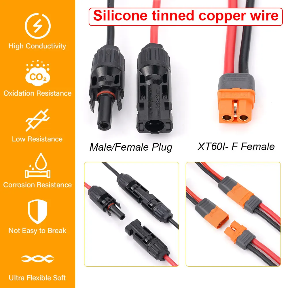 1/2/3 m XT60i-F female head adapter 12AWG cable Silicone tinned copper for RV boat home connection solar charging cable