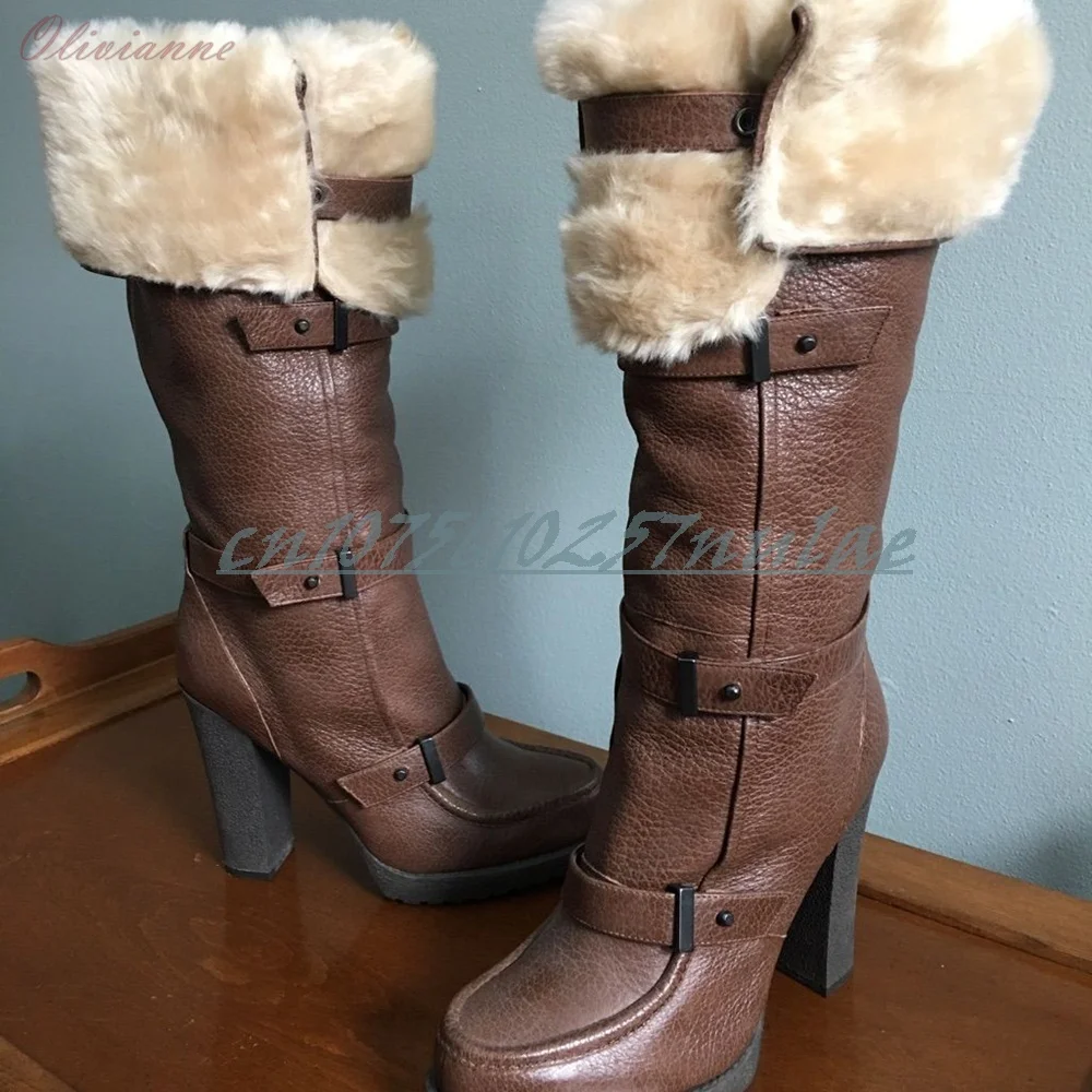 Outono cinta de pele marrom meados de bezerro botas fivela cintos decoração grosso salto alto festa moda feminina sapatos sexy 2026 quente para mujere