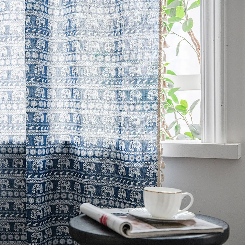 Imagem -04 - Boho Elefante Azul Impressão Cortina Estilo Americano Borlas Semi-sombreamento Cortinas Sala de Estar Quarto Estudo Cortina Café Valance