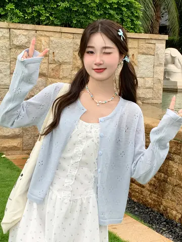 아이스 실크 니트 오픈 카디건 여성 여름 얇은 통기성 속이 빈 스트랩 스커트로 커버 업 에어컨 셔츠 짧은 자켓