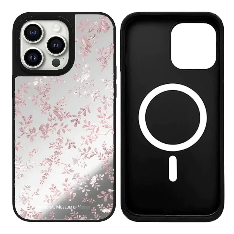 

Korean Museum Flower iPhone 11 12 13 14 15 Pro Max Mirror Surface MagSafe Case Cover Shell