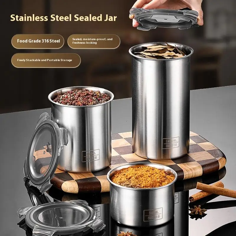 1pc Storage Jars 500/900/1400ml Stainless Steel Sealed Container Jar Kitchen Barrel Organizer For Fresh Grain Vegetable Coffee