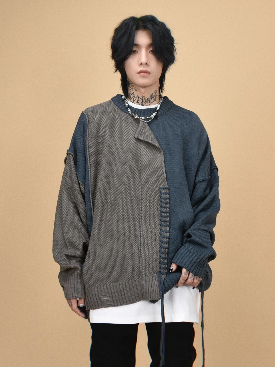 Spring and Autumn New Irregular Black and Green Patchwork Round Neck Sweater American High Street Men's Gray Knitted Sweater