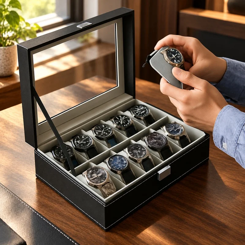 PU Leather Display Organizer with Glass Lid, Multi-Compartment Storage Box for Watches and Jewelry, Suitable for Men, 2-12 Slots