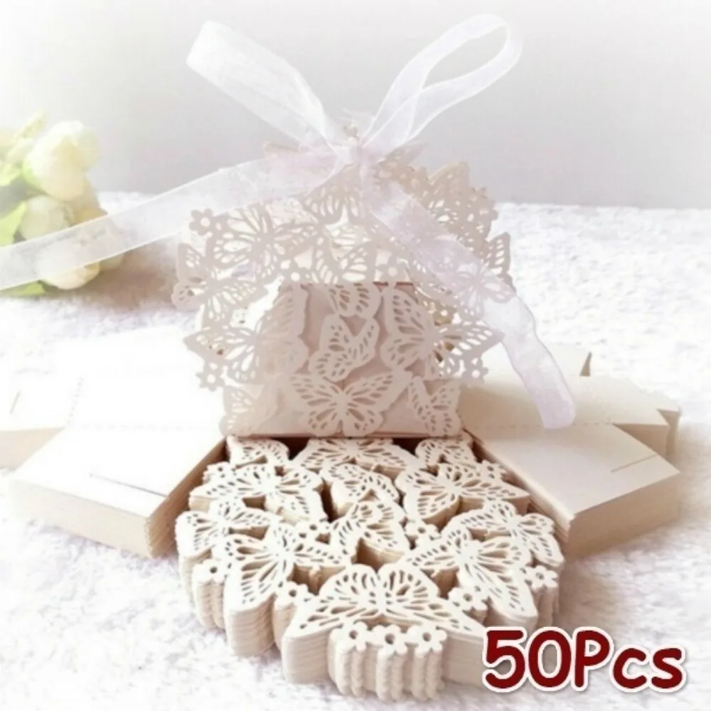 50 Pcs Hollow Butterfly Gift Paper Boxes Creative Laser Cutting Wedding Candy Dragee Box Cookie Carton Wrapping Package