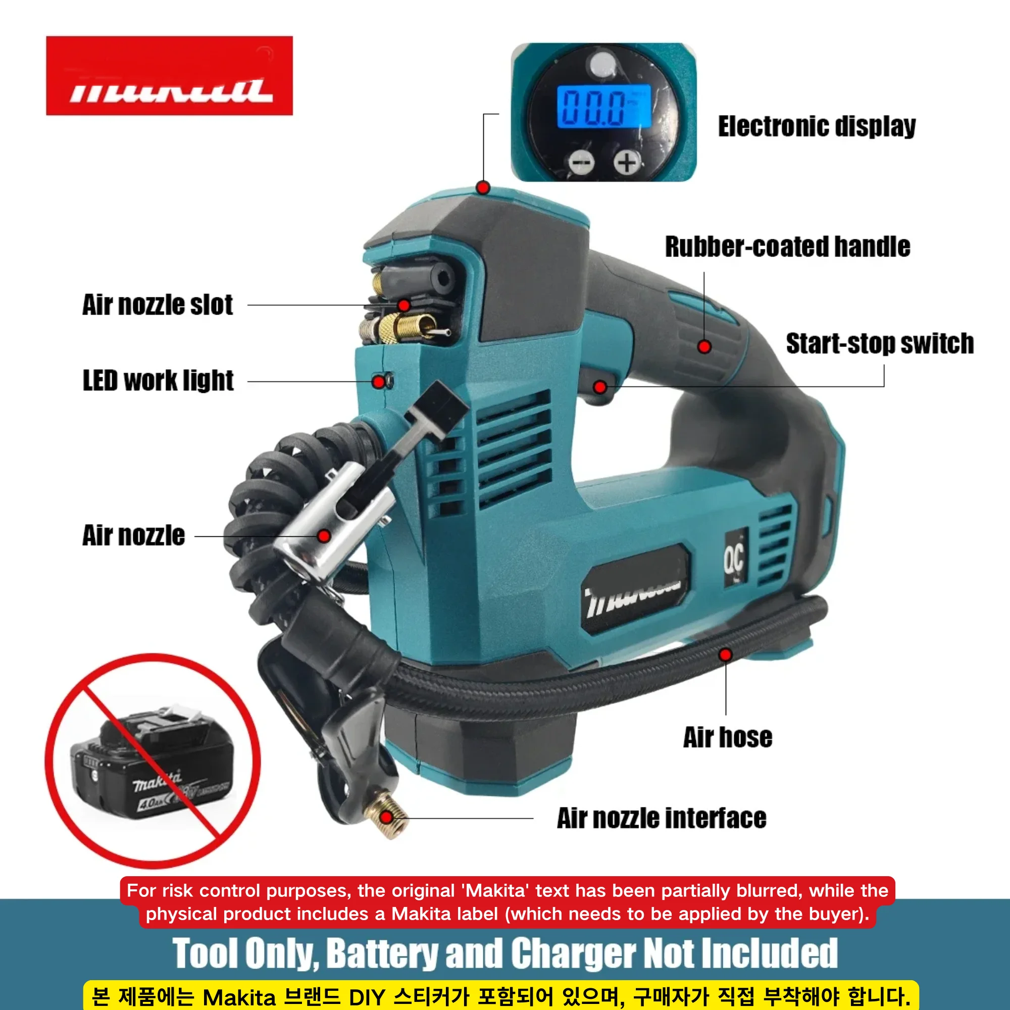 MAKITA 18V DMP180-1 Li-Ion Cordless Inflator Bare Tool For Car Portable Tyre Inflator Electric Motorcycle Pump Air Inflator