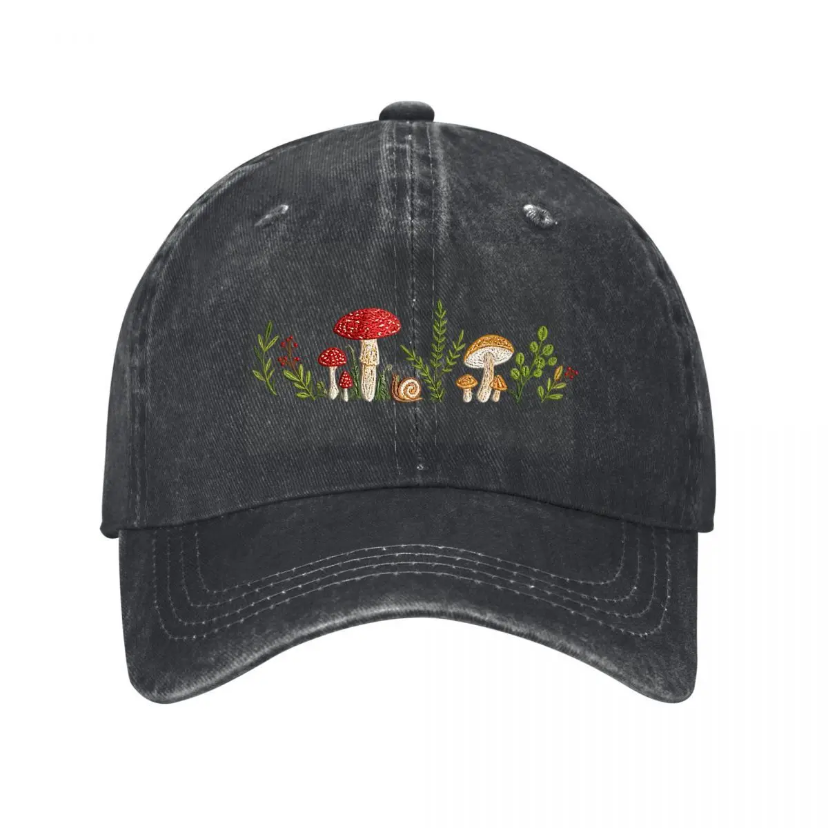 Mushroom Botanical Snail Berry Nature Illustration Washed Baseball Cap Outdoor Hat