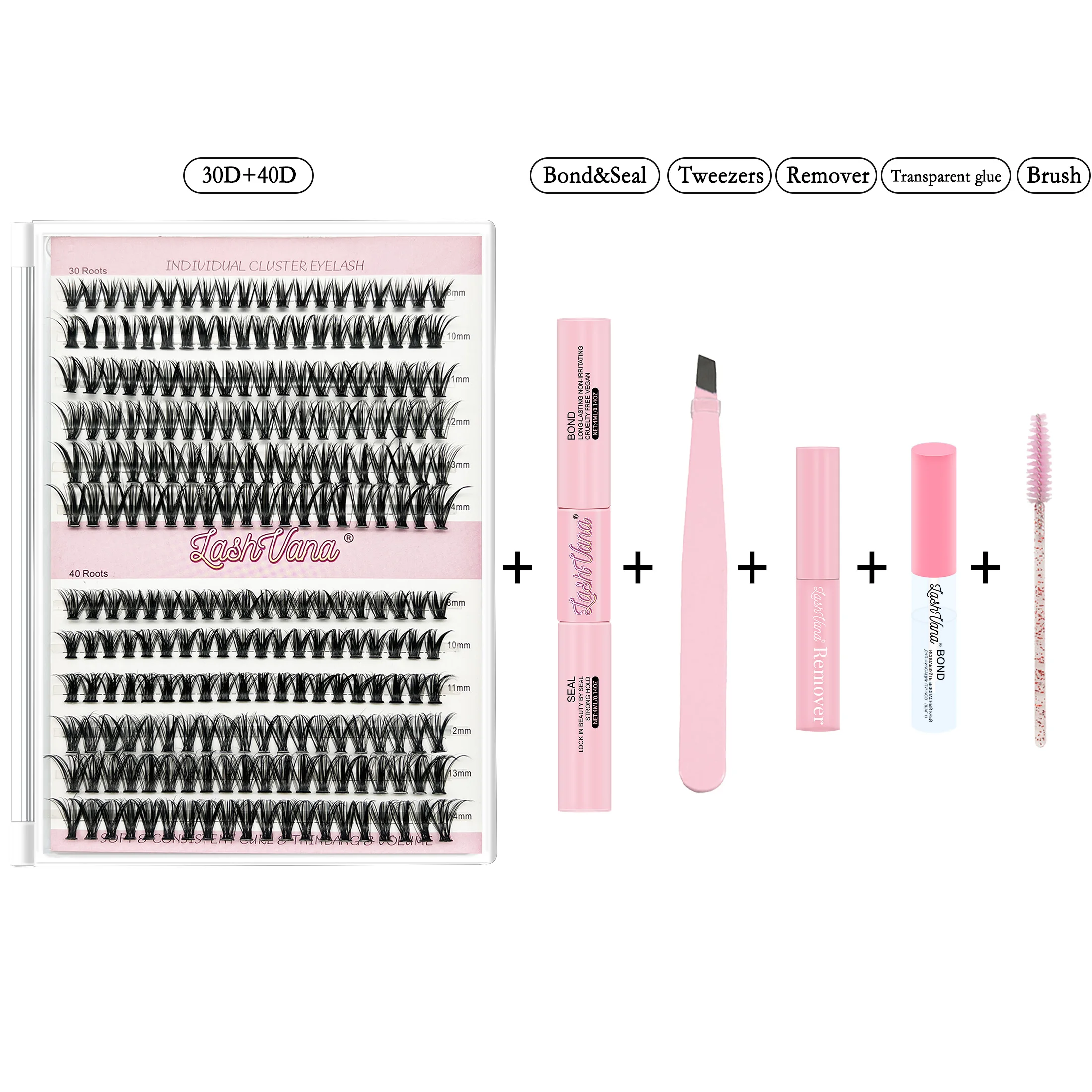8-in-1-Set für künstliche Wimpern, bestehend aus 30D- und 40D-Wimpern, 8–14 mm Länge/Paar Bindekleber/Wimpernversiegelung/Pinzette/Bürste