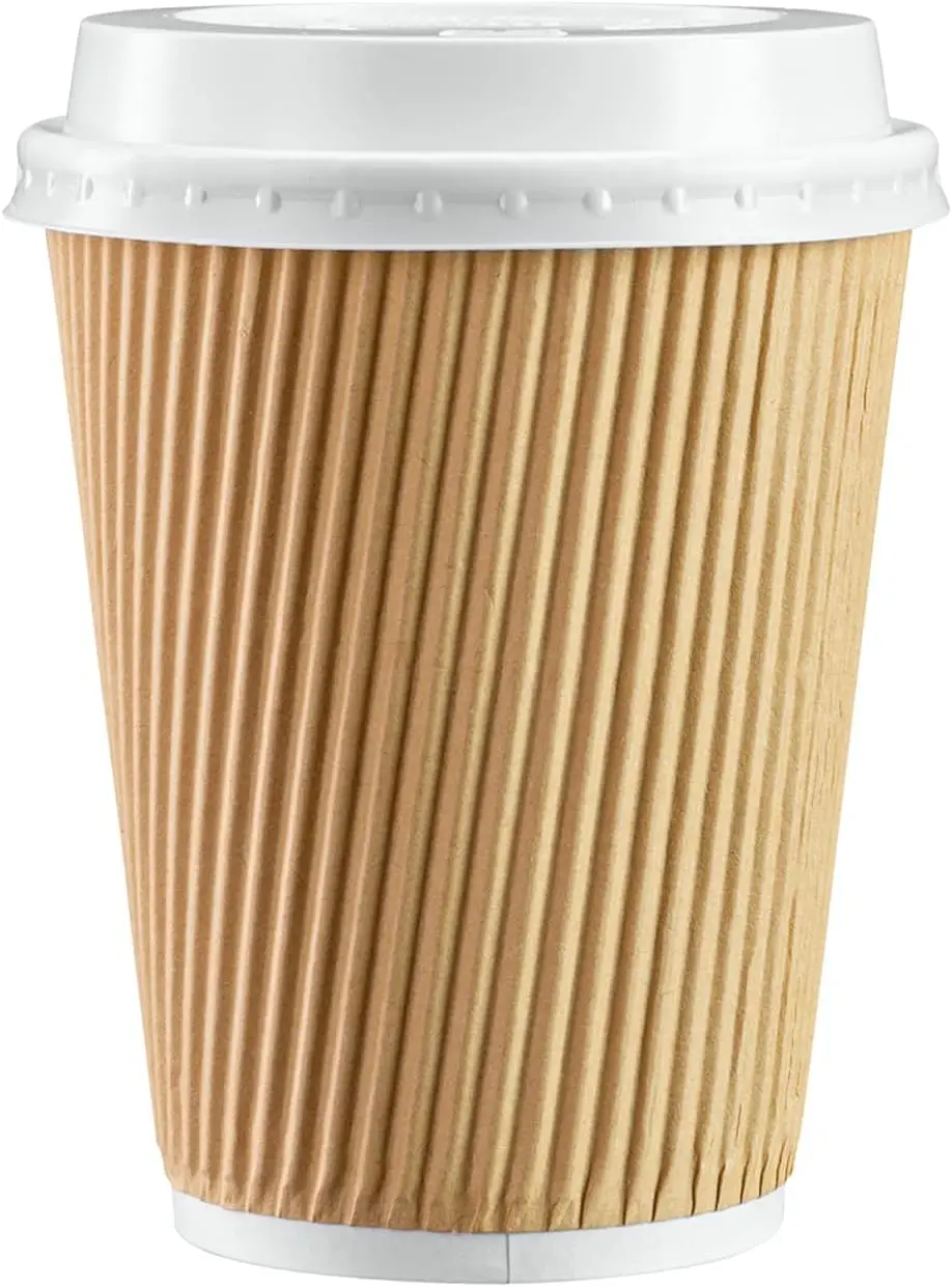 

Comfy Package [12 oz. - 50 Sets] Insulated Kraft Ripple Paper Hot Cups, Disposable Coffee Cups With Lids - Ideal for Hot