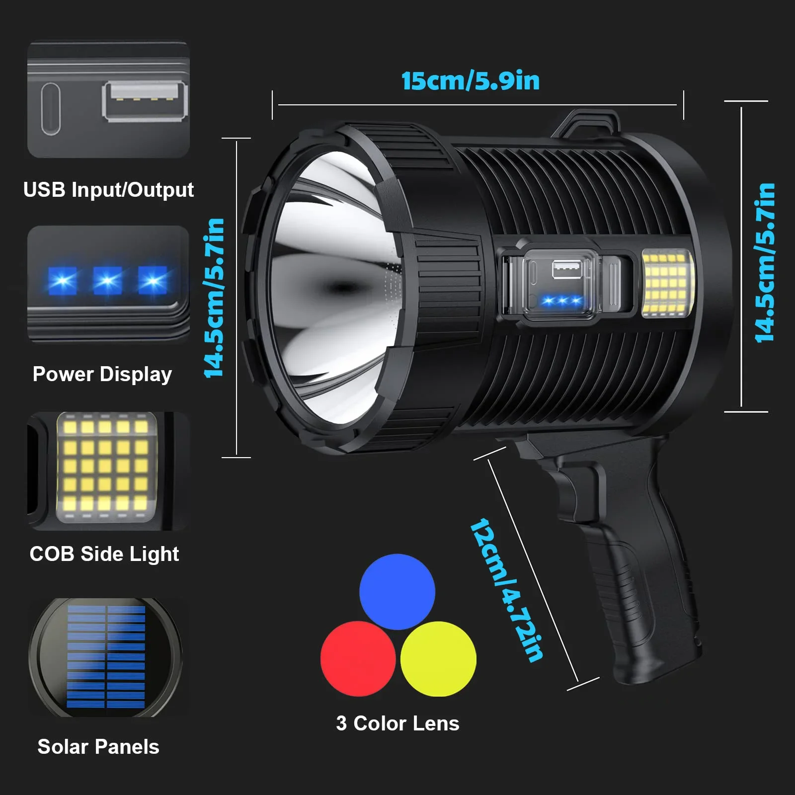 New Rechargeable Spotlight 900000 Lumens Led Spotlight Handheld LargeFlashlight Super Bright Outdoor Solar Spotlight Searchlight
