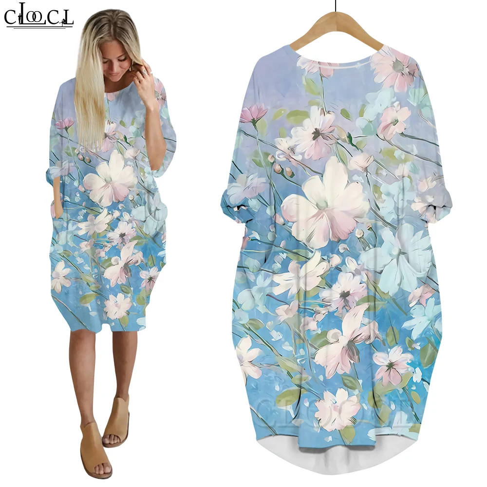 

CLOOCL Dress Watercolor Kelsang Flower Print Loose Robe with Pocket Elegant Vestidos De Mujer Long Sleeve Floral Shirt Dress