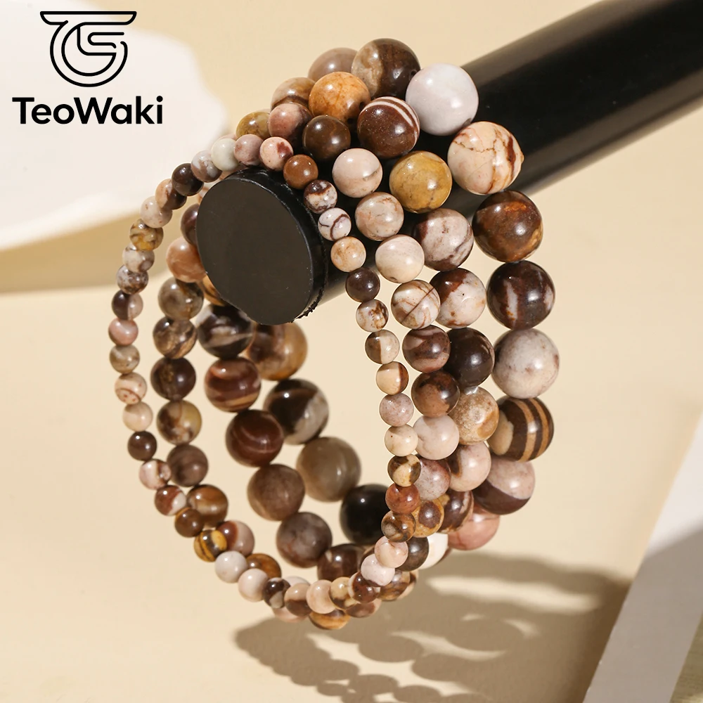 TeoWaki 4/6/8/10mm Natural Australian Zebra Jasper Elastic Bracelet for Women Men Stress Reduction Maintain Mental Balance 19cm