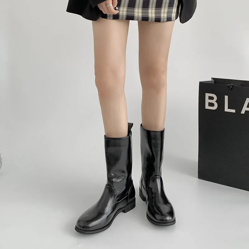 

Модные женские ботинки средней длины, осенне-зимние черные высокие сапоги без шнуровки с круглым носком на низком каблуке, женские высокие рыцарские ботинки из искусственной кожи
