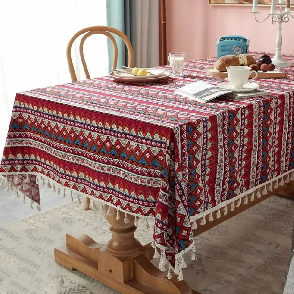 Nordic Style Ethnic Tablecloth with Tassel Heat-resistant Table Cover Anti-slip Stain-resistant Table Protecter Dinning Room