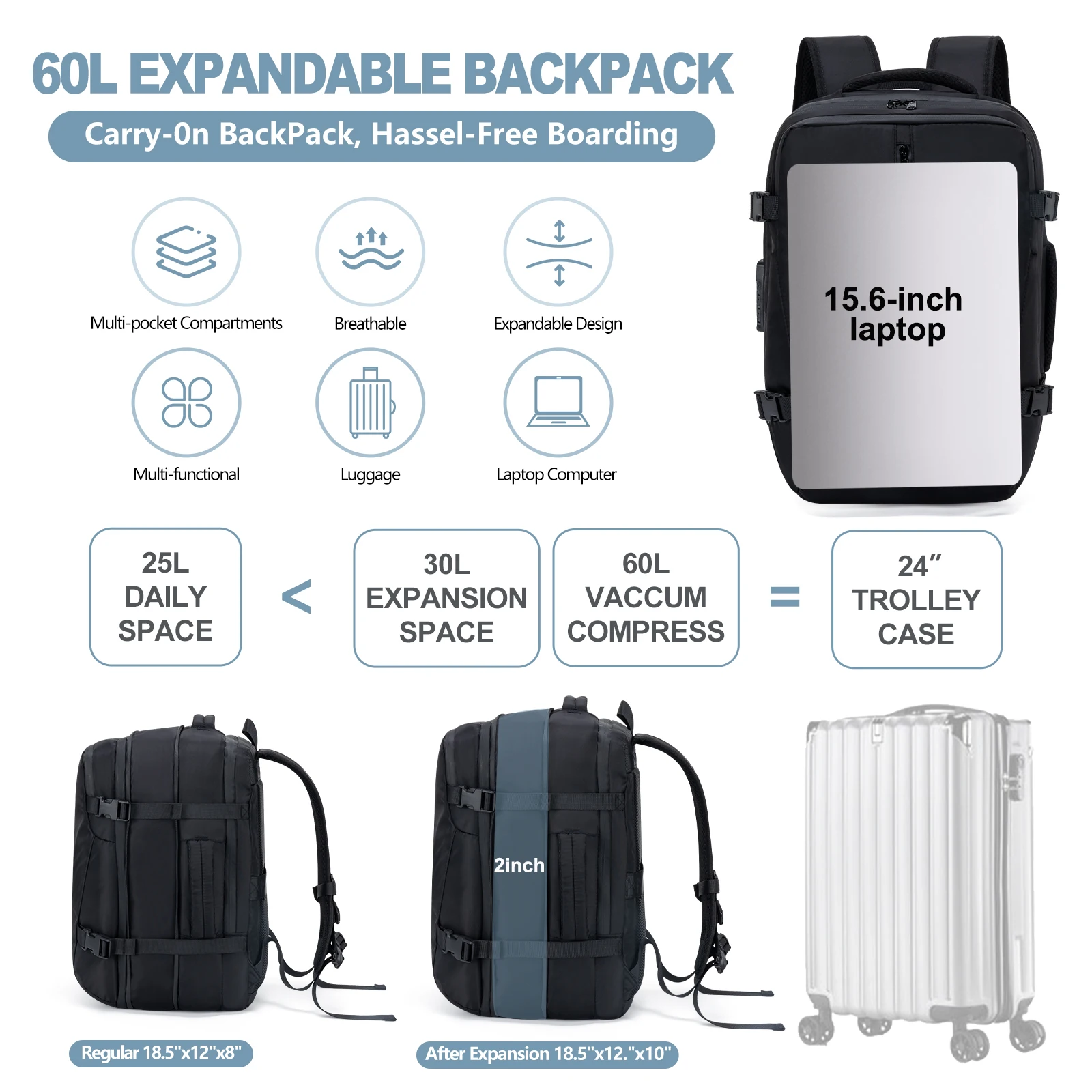 60L Vacuum Compression Travel Backpack Large Capacity Foldable Hiking Bag Multi-Functional Separator For Outdoor Travel Backpack