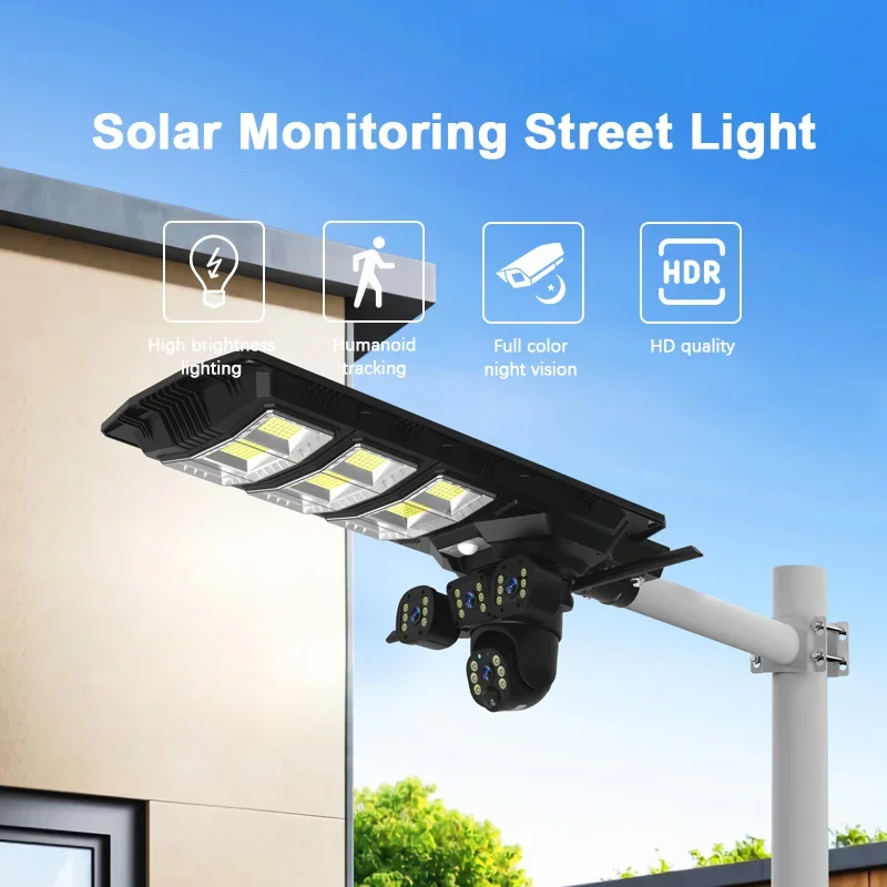 Outdoor 4K HD solar street light camera humanoid detection alarm 24w solar panel camera