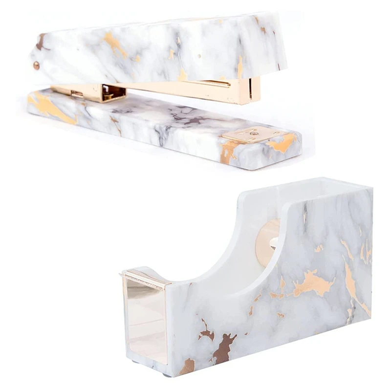 Acrylic Gold Marble White Office Desk Sets Stapler & Tape Dispenser Heavy Duty Office Supplies Desk Accessories Set