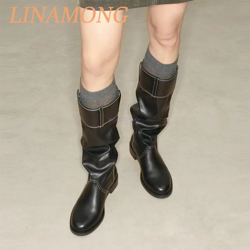 

Round Toe, Thick Heel Knee High Boots Look Slim Wide Tube Pleated Pile Boots Look Casual Fashionable Slim and Tall Boots